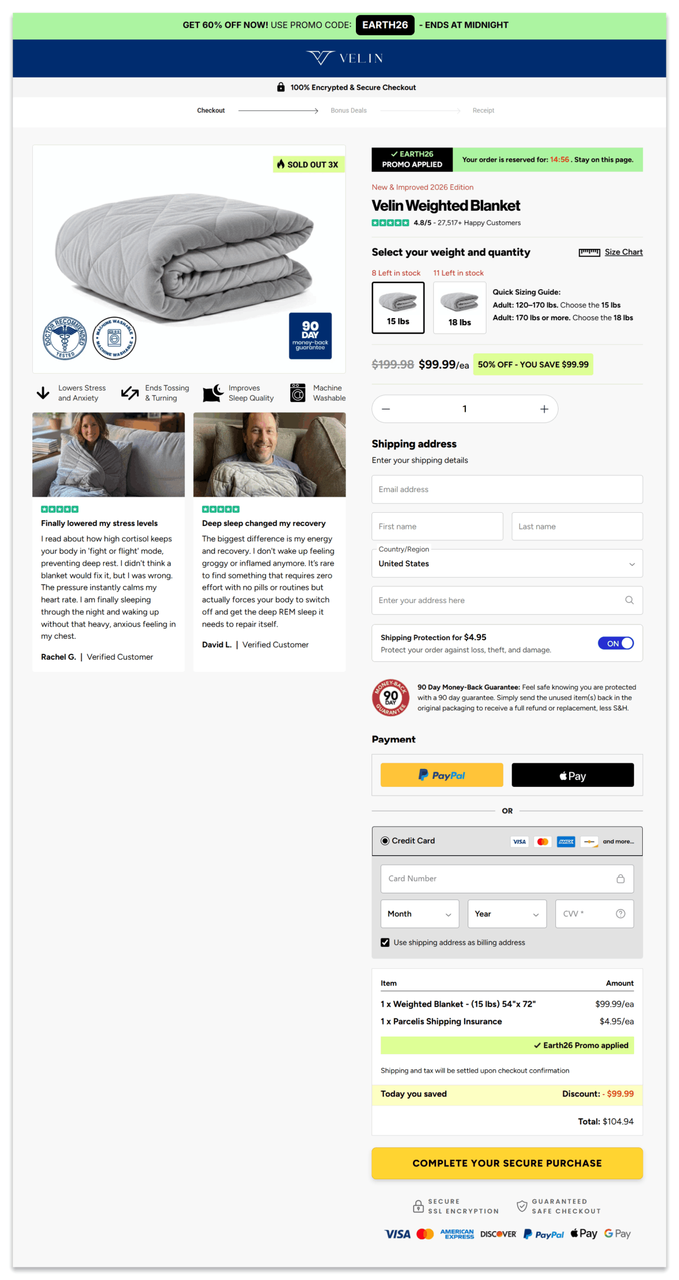 Velin Weighted Blanket Secure Checkout Page